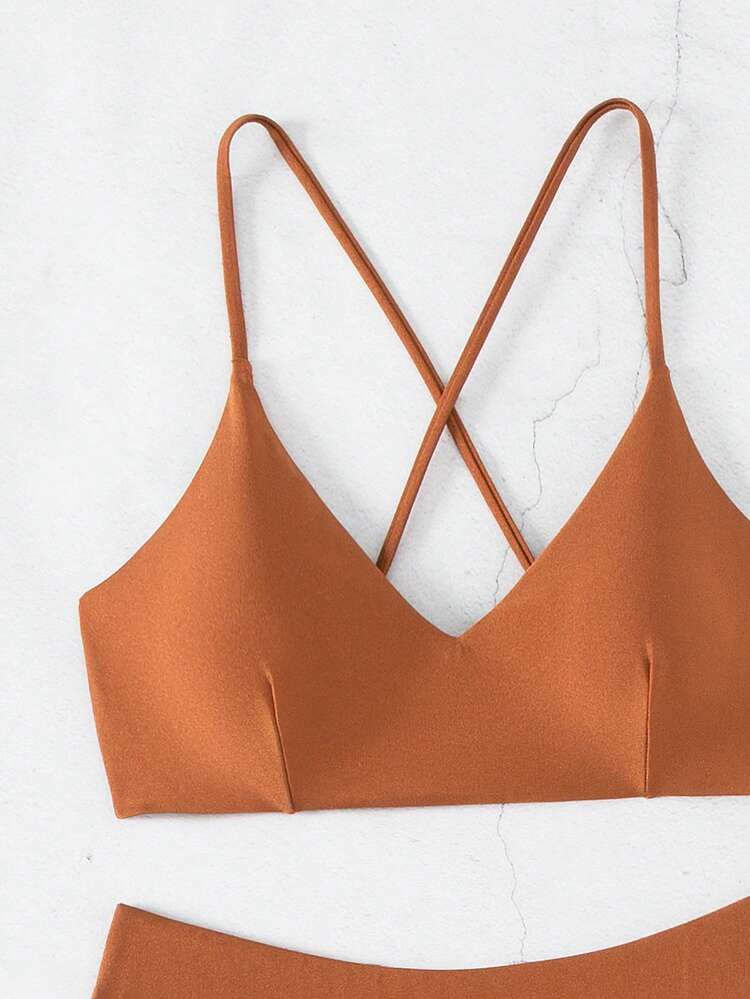 Solid Color V-Neck Spaghetti Strap Bra & Swim Bottom Bikini Set Bathing Suit For Summer Beach