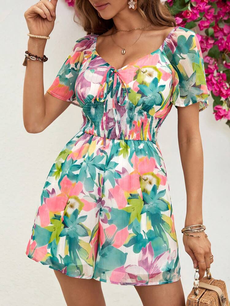 Women's Floral Print Sweetheart Neckline Wrap Waist Romper
