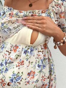 SHEIN Maternity & Nursing Floral Print Off Shoulder Wrap Dress - Multicolor - View 5