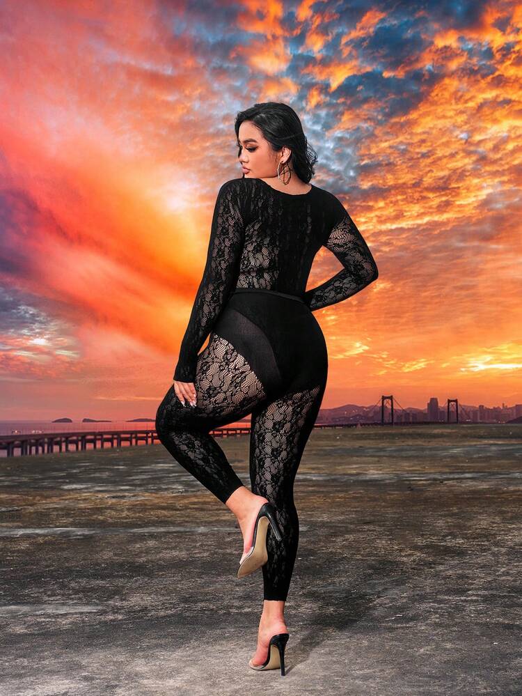 Plus Size Women's Sexy Rave Party Music Festival Country Women's Round Neck Fishnet Seamless High Elastic Lace Hollow Out Long Sleeve Jumpsuit And Pants Set