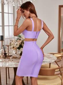 Women's Fashionable Summer Sexy & Elegant Spaghetti Strap Crop Top And Bandage Skirt Two Pieces Cocktail Set, Light Purple - Mauve Purple - View 2