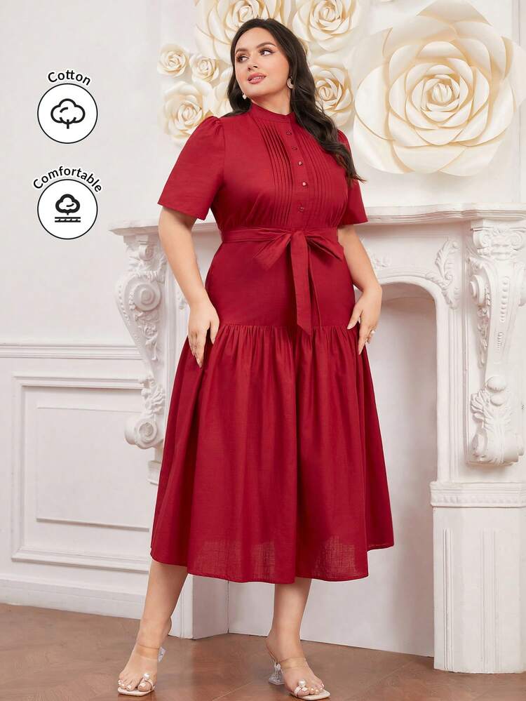 Burgundy Red Plus Size Solid Color Stand Collar Pleated Dress Long Evening Dresses