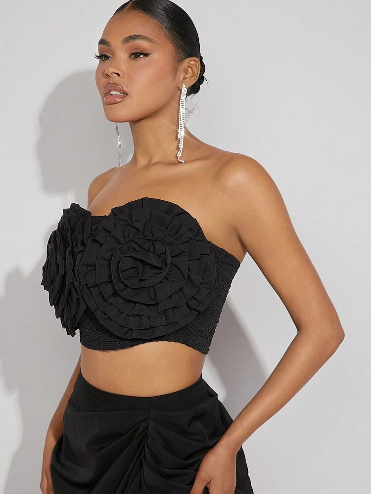 Solid Sexy Ruffle 3D Floral Tube Crop Top