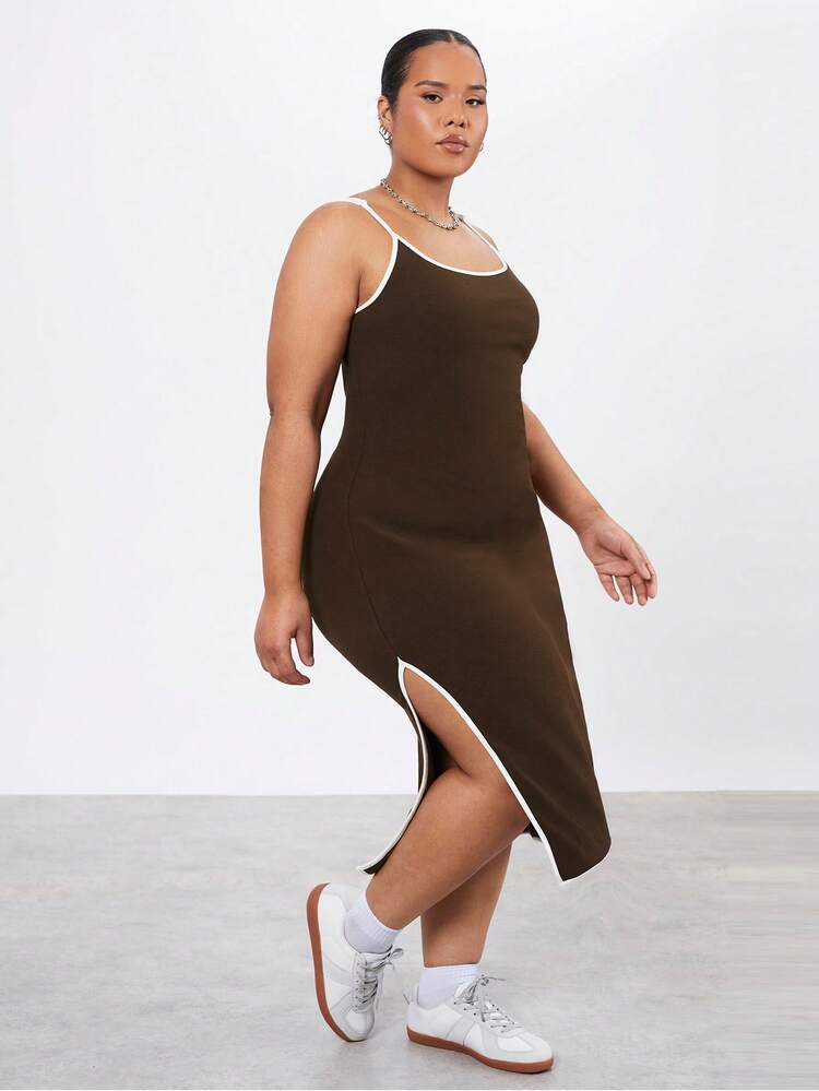 Plus Size Ladies' Color-Block Border High Split Cami Dress