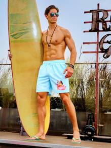Surfspeed Men's Flamingo Print Drawstring Waist Beach Shorts - Baby Blue - View 4