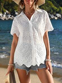 SHEIN Maternity Embroidered Short Sleeve Shirt - White - View 1