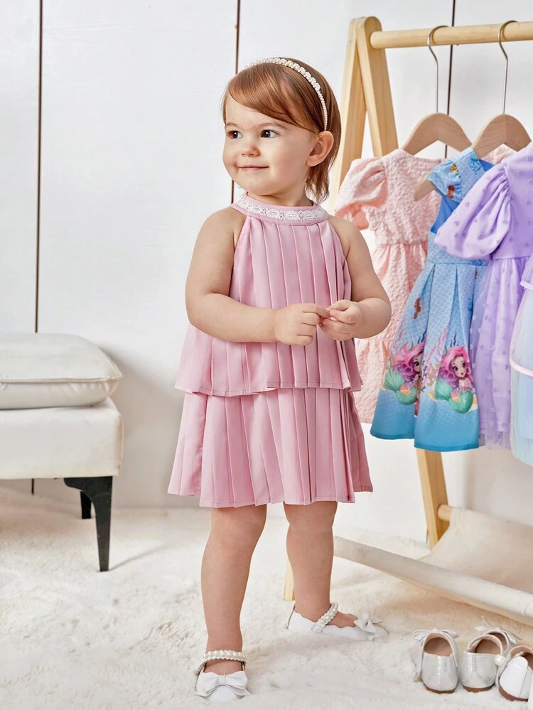 Baby Girl Casual & Cute Solid Color Sleeveless Halter Ruffled Dress, Perfect For Summer Holiday