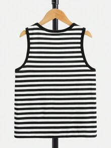 SHEIN 男生字母貼片圓領休閒條紋背心 - 黑與白 - 查看 2