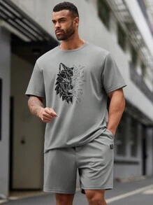 Manfinity VCAY 2pcs/Set Men's Plus Size Casual T-Shirt And Shorts Set - Grey - View 1