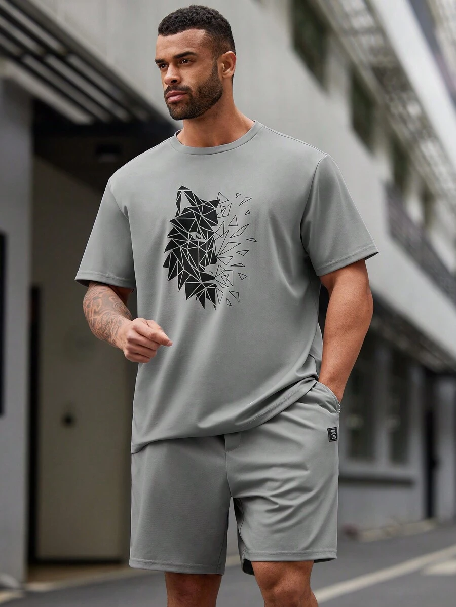 Manfinity VCAY 2pcs/Set Men's Plus Size Casual T-Shirt And Shorts Set - Grey - View 1