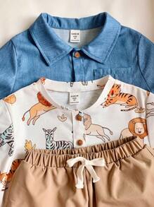 SHEIN Chemise décontractée pour garçon de style institut et T-shirt à manches courtes et imprimé animal confortable et respirant avec shorts pour la rentrée scolaire printemps-été