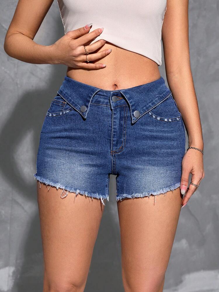 Washed Denim Shorts With Folded Waist And Frayed Hem