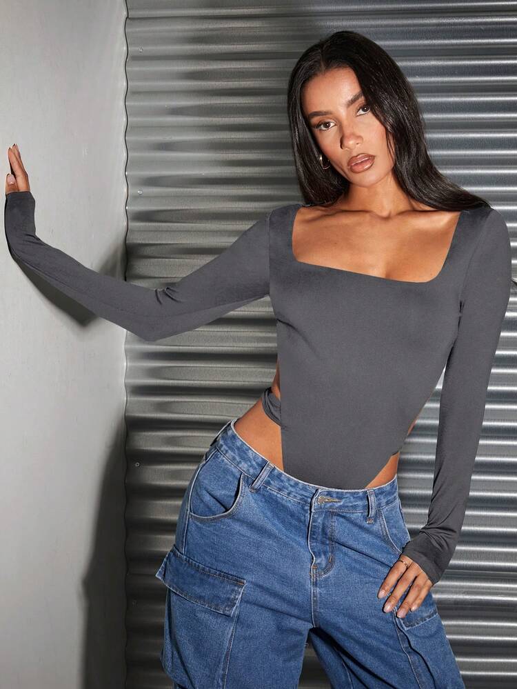 Valentine's Day Long Sleeve Women's Square Neck Sexy Backless Bodysuit