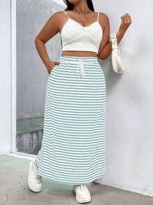 Flirla Plus Size Striped Drawstring Waist Side Slit A-Line Skirt With Diagonal Pockets - Blue and White - View 5