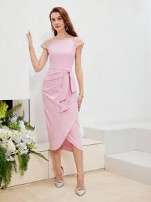 MOTF PREMIUM CONTRAST BEADED RAGLAN SLEEVE BOW WAIST WRAP HEM DRESS,HOLIDAY PARTY BIRTHDAY FORMAL EVENING OCCASSION - Pink - View 4