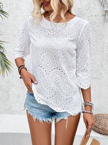 SHEIN LUNE Women's Burnout Floral Embroidery Round-Neck Shirt - White - View 5