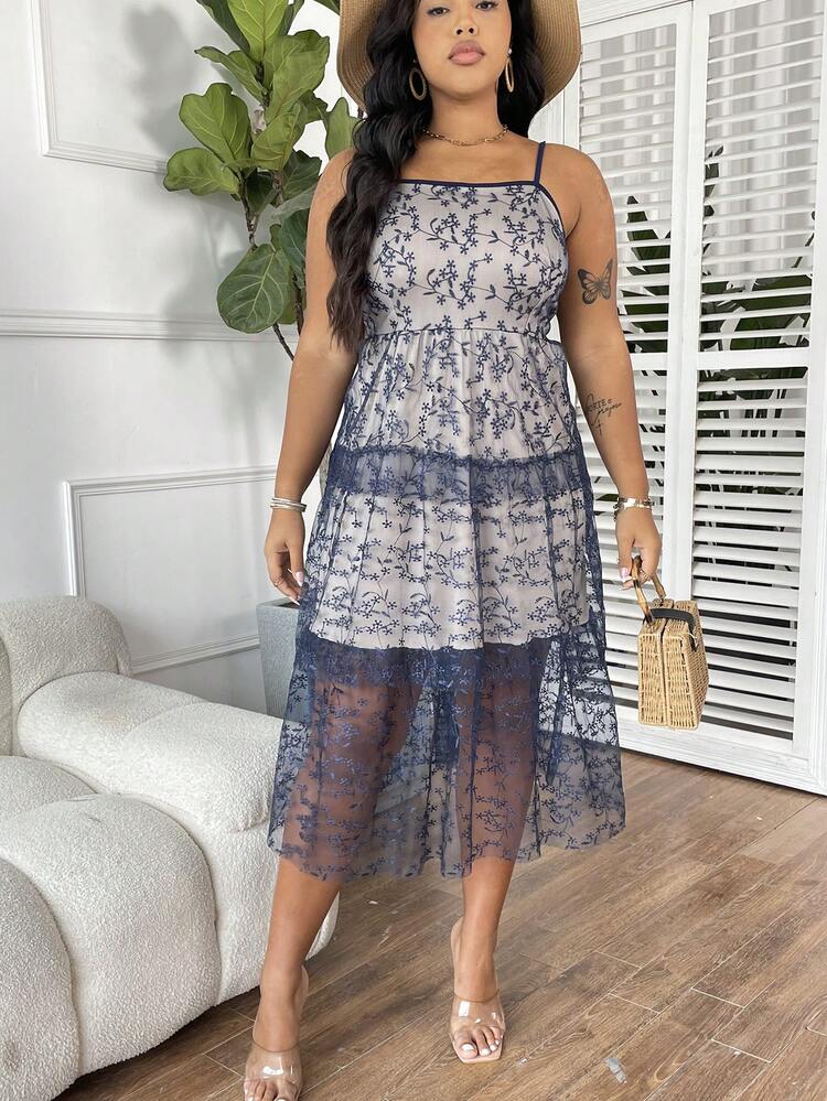 Plus Size Embroidered Mesh Cami Dress