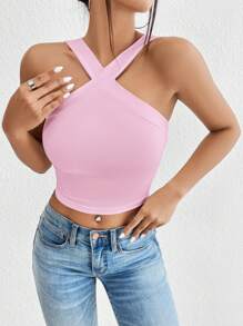 SHEIN BAE Chất rắn Có màu sắc Thon gọn Quần skinny Áo ba lỗ - Hồng - Xem 4