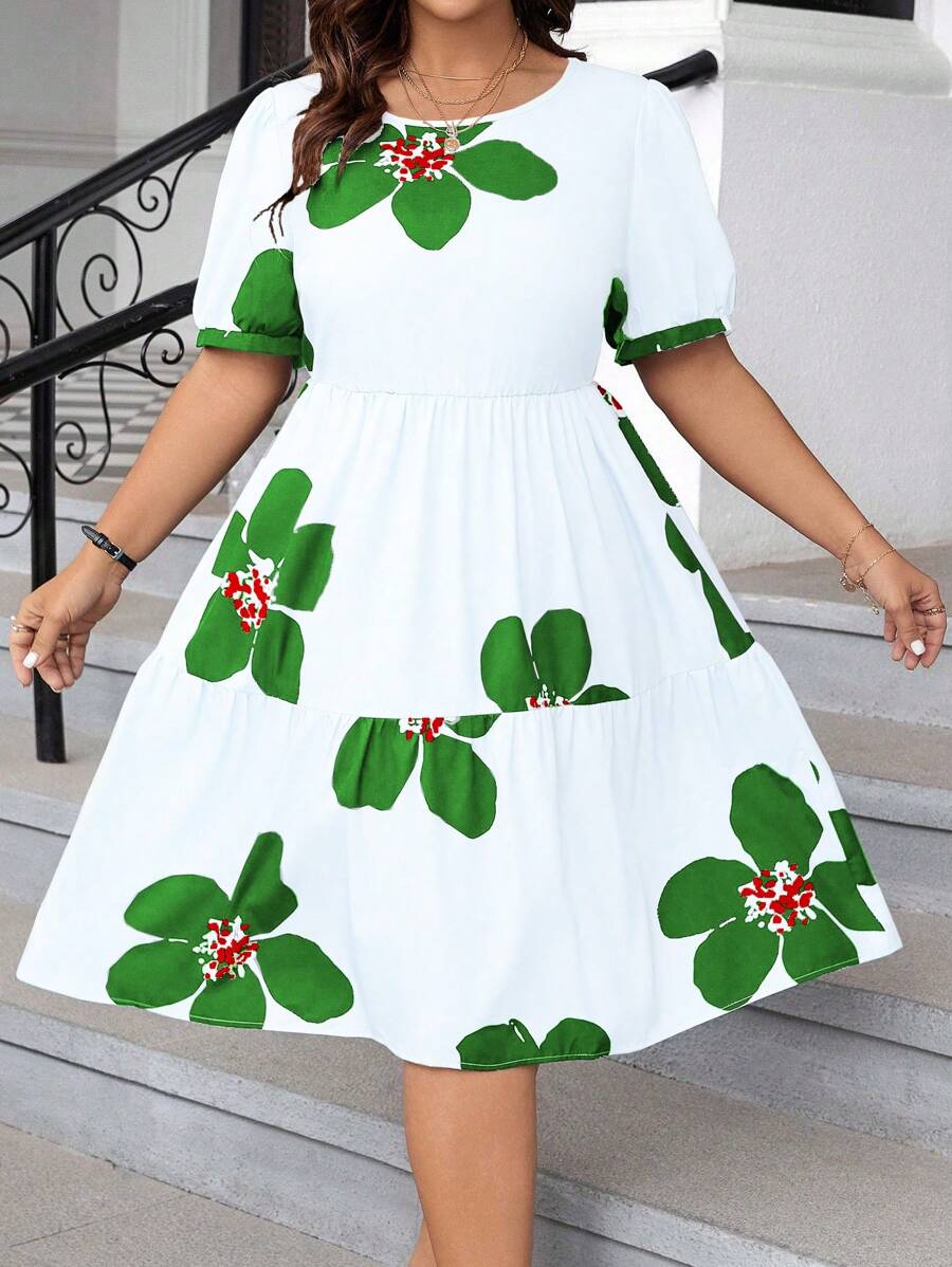 Celure Kích thước lớn Của phụ nữ In hoa Ngắn Bong bóng Tay áo Đầm Với Ruffled Hem - trắng - Xem 1