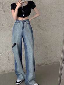 Contrast Color Ripped Loose Wide-Leg Jeans