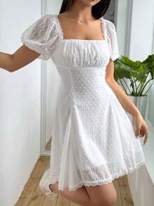 SHEIN Unity Của phụ nữ Cổ vuông Ngắn Ống tay áo Bong bóng Đầm - trắng - Xem 6
