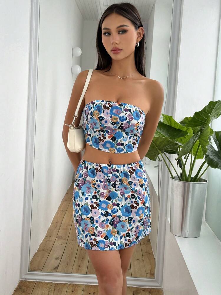 Women's Floral Print Strapless Top And Skirt Set