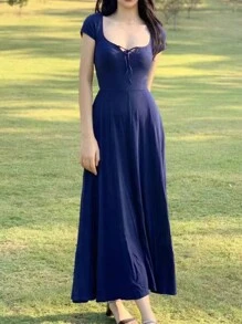 INAWLY Solva Square Neck Tie Waist A-Line Dress - Blue - View 3