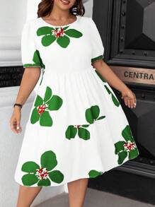 Celure Kích thước lớn Của phụ nữ In hoa Ngắn Bong bóng Tay áo Đầm Với Ruffled Hem - trắng - Xem 3