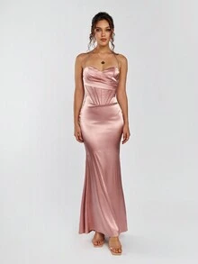 PARTHEA Đầm dự tiệc satin hở vai nhún bèo đuôi cá sang trọng, trang trọng, dự tiệc tốt nghiệp, tiệc tối - Bụi hồng - Xem 4