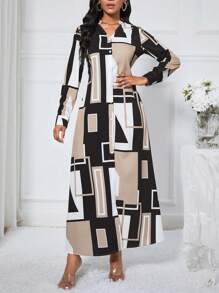 SHEIN Clasi Women's Geometric Pattern Dress Maxi Women Outfit Fall Cloth For Women - Khaki - View 6