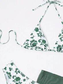 Swim Mod Floral Print Halter Neck Bikini Set With Separated Design, Bikini Set Bathing Suit Beach Outfit Summer Vacation,Summer Beach - Green - View 5