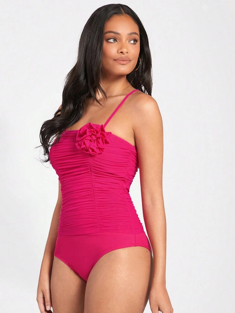 Women's Pink Pleated Double-Layer Handmade Flower Bodysuit