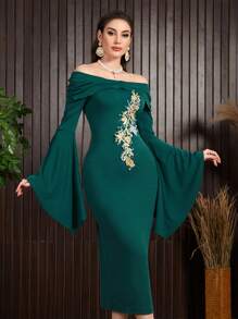 Modelyn 女士花卉刺绣露肩连衣裙长款晚礼服秋季女士布料 - 墨綠色 - 查看 1