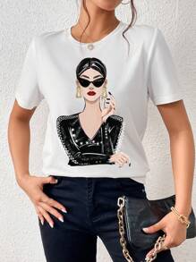 SHEIN Essnce Casual American Style Graphic Print Short Sleeve Crew Neck Fitted T-Shirt For Women, Suitable For Summer - White - View 6