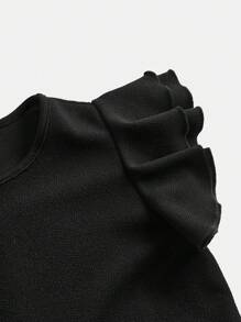 SHEIN Girlism Tween Girl Knitted Solid Color Short Flutter Sleeve Casual Bodysuit - Black - View 4