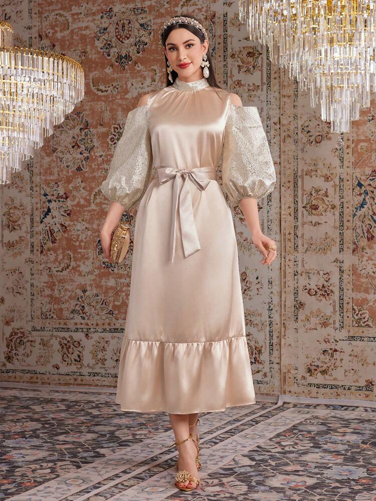 Women's Open Shoulder Dress With Ruffle Hem And Stand Collar,Elegant Evening Party Dress Long Evening Dresses