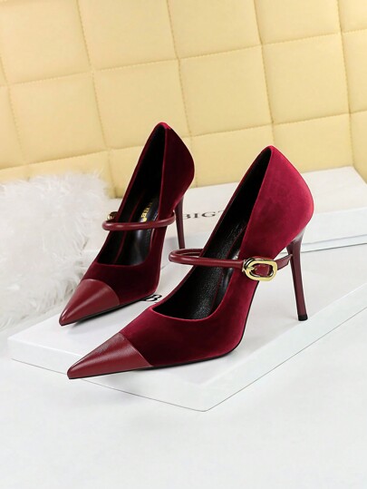 Fall/Winter 2025 Party High Heels Thin Heels Low Vamp Pointed Suede & Metallic Buckle Detail Single Strap Women's Shoes, Elegant, Women Pumps