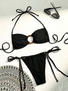SHEIN Swim Conjunto de bikini de cuello halter texturizado, traje de baño de dos piezas con tanga, atuendo de playa para vacaciones de verano