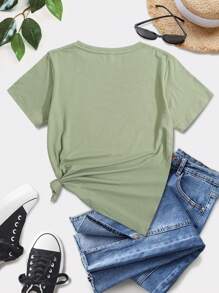 少女口號印花圓領短袖T恤 - 綠色 - 查看 2