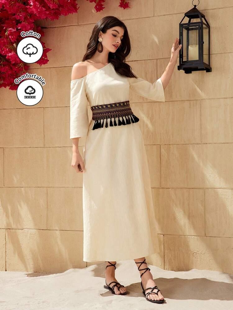 Women's Waist Cinched Dress With Braided Straps And Tassel Decorations