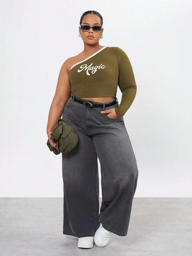 Plus Size One Shoulder Slim Fit Top With Letter Printing