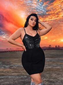 SHEIN SXY Plus Size Women's Black Summer 70's Night Out Club Party Rave Music Festival Country Concert Heavy Duty Rhinestone Studded Bandage Cami Dress - Black - View 4