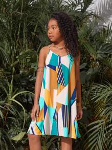 SHEIN SLAYR KIDS Tween Girls' Daily Casual Loose Fit Spaghetti Strap Dress - Multicolor - View 5