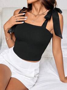 SHEIN Privé 時尚多用途女性/母親/母親節禮物黑色肋編針織肩帶背心，適用於夏季 - 黑色 - 查看 5