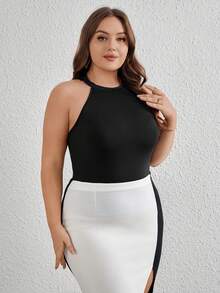 SHEIN Privé Áo ba lỗ cổ không tay có ren phối ren dành cho nữ cỡ lớn - màu đen - Xem 3