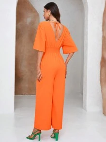 GENKIRA Solid Color V-Neck Wide Leg Jumpsuit With Elastic Waist - Orange - View 2