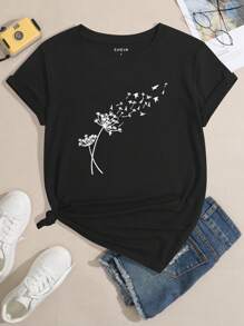 INAWLY Women's Dandelion Pattern Printed Round Neck Short Sleeve T-Shirt Graphic Tees Women Tops - Black - View 1