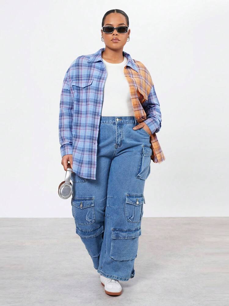 Plus Size Women' Plaid Drop Shoulder Long Sleeve Shirt