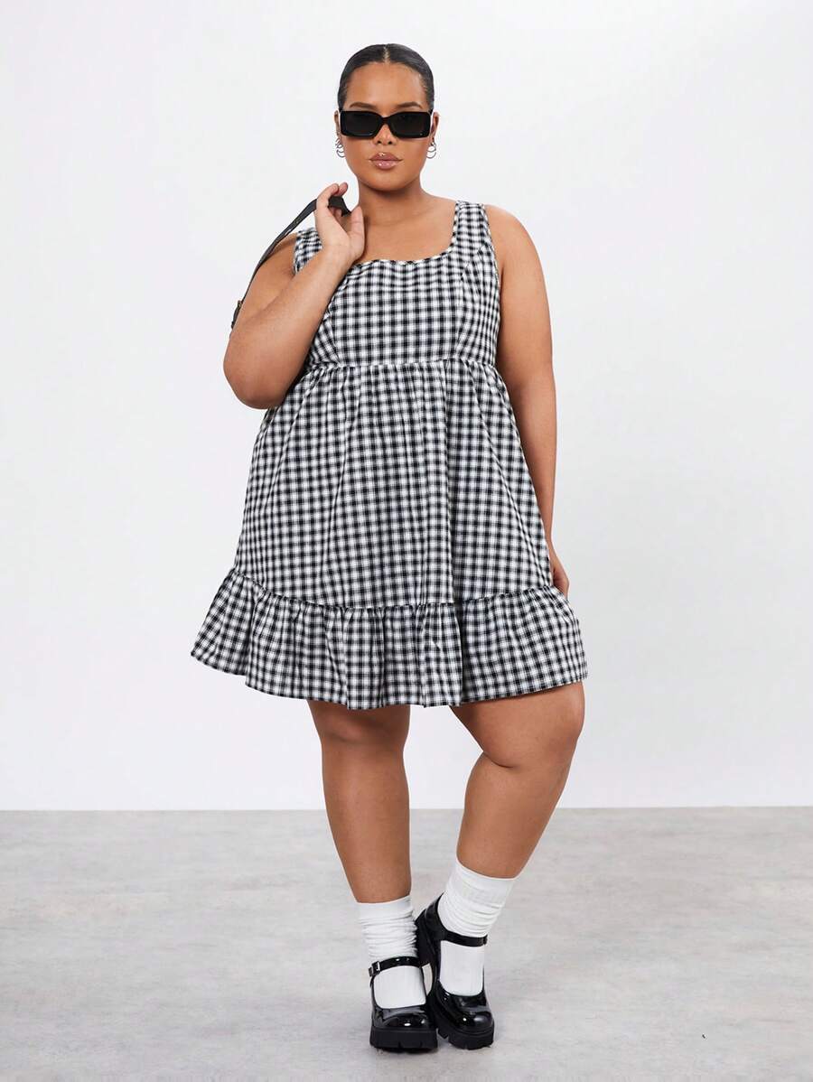 Forever 21 Kích thước lớn Kẻ sọc Hình vuông Đường viền cổ áo Đầm Với Xù Hoa Sen - Nhiều màu - Xem 1