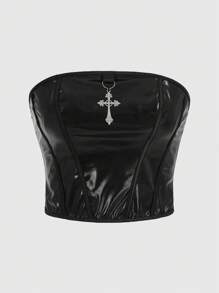 ROMWE Goth 素色PU皮革抹胸上衣 - 黑色 - 查看 1